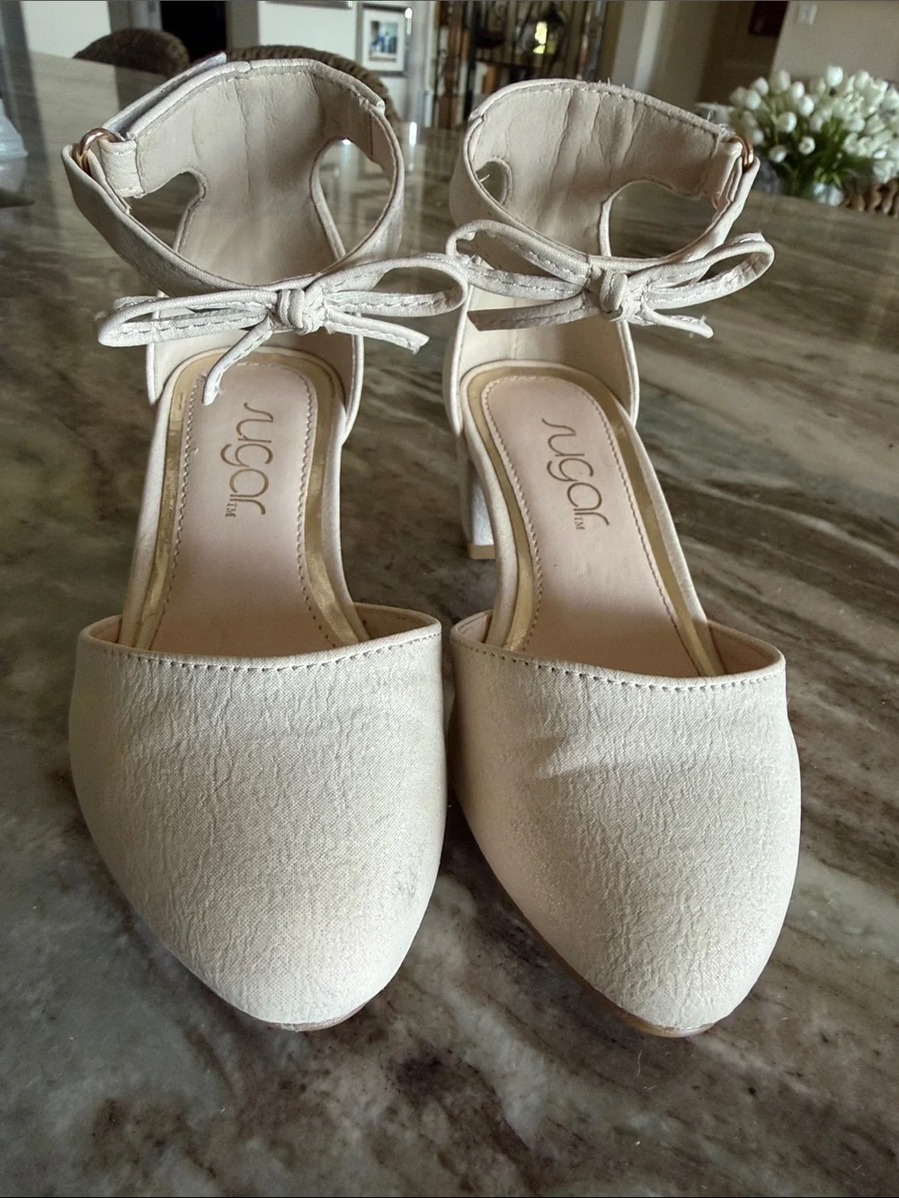 Sugar Girls Cream Ankle-Tie Heels Sz 12